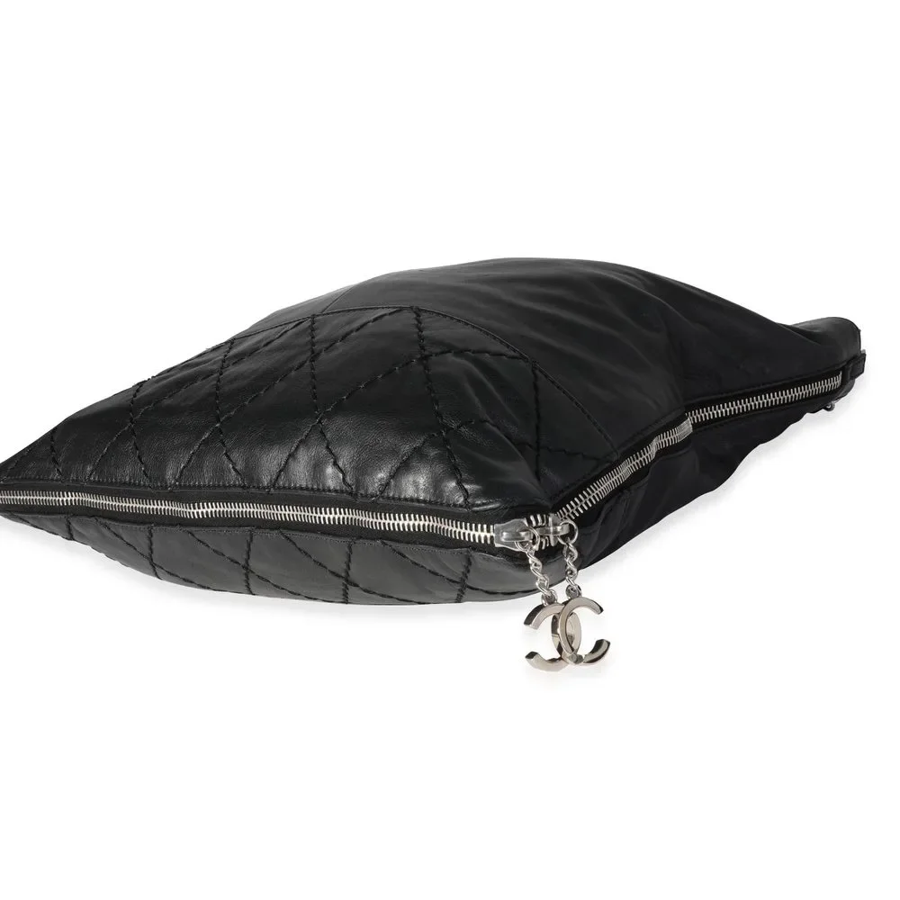 Chanel Black Diamond Stitched Leather Expandable Zip Tote